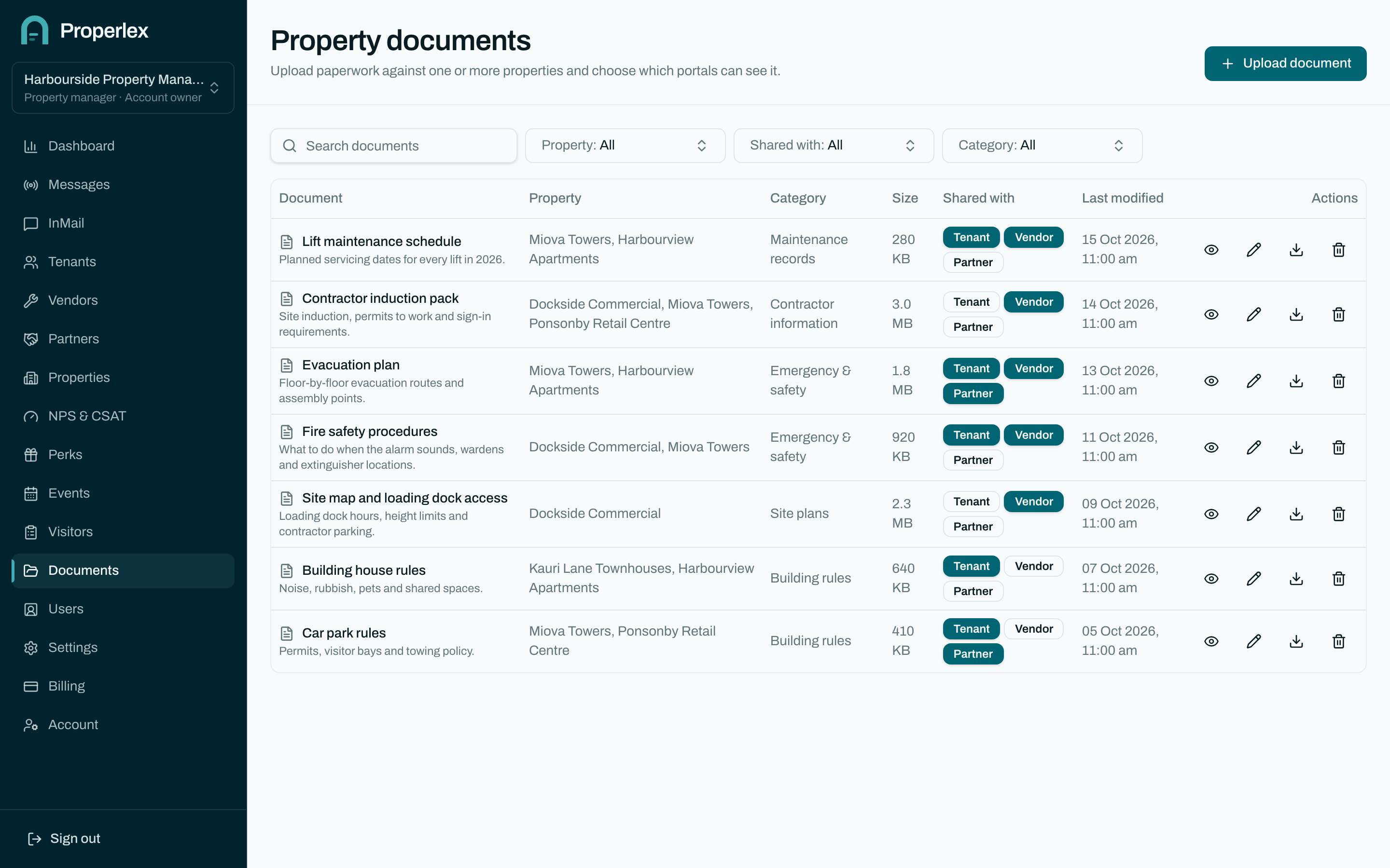 Property documents in Properlex, filed by category and shared with tenants, vendors or partners.