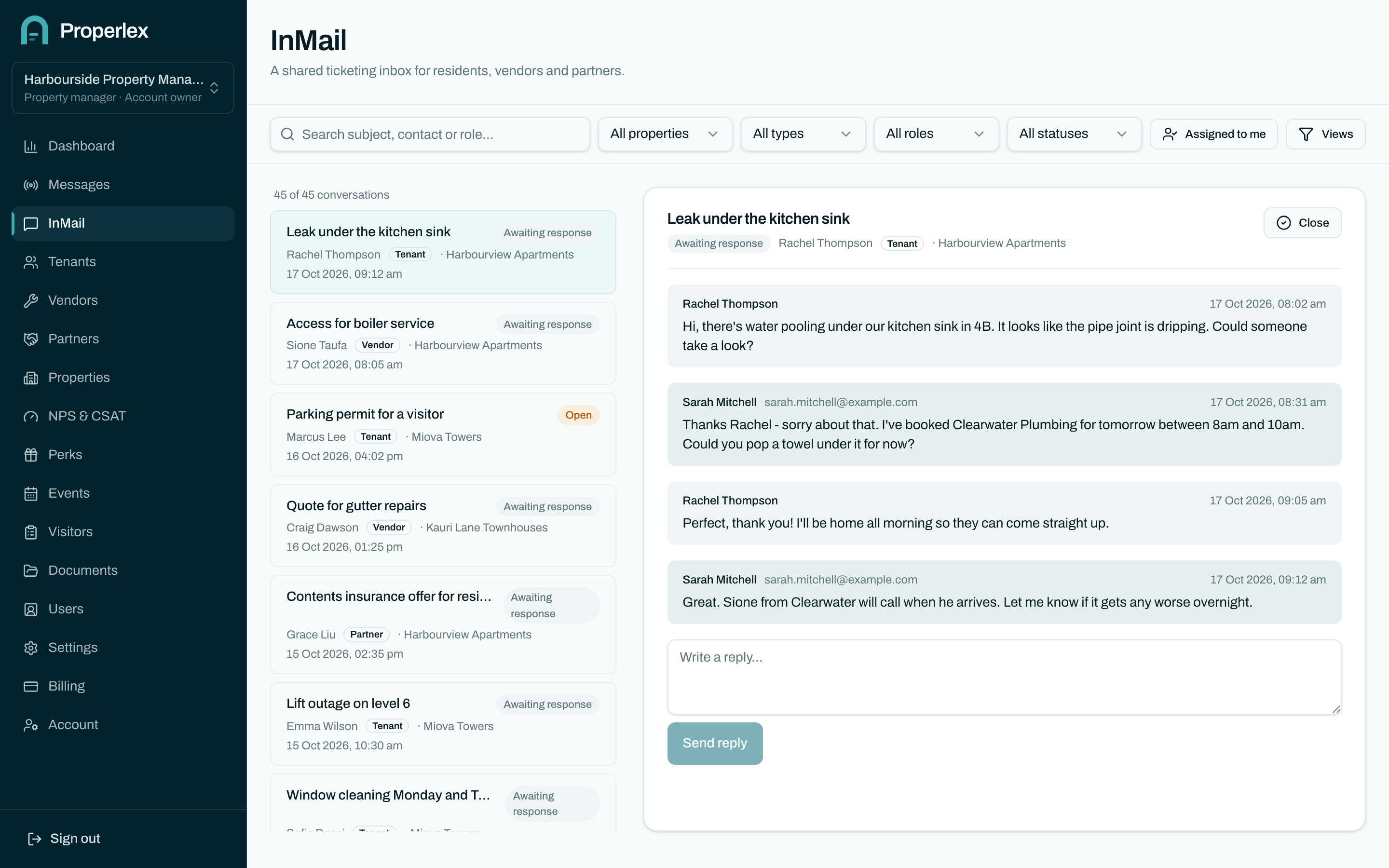 The Properlex InMail inbox with two-way conversations between a property manager and tenants, vendors and partners.