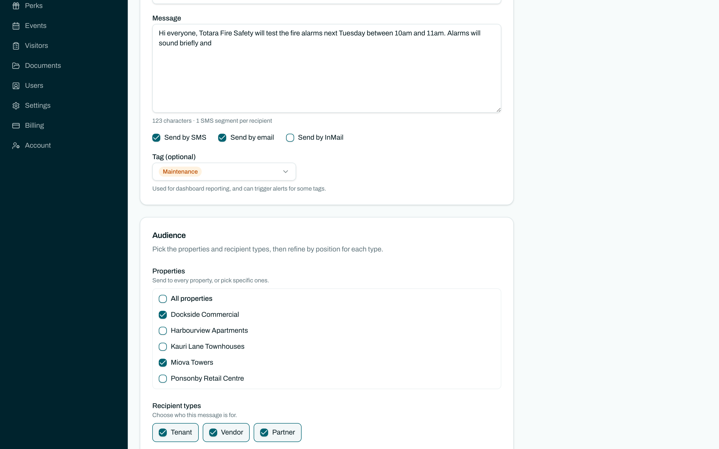 Composing a broadcast in Properlex: choosing properties, contact types and the SMS, email and InMail channels.
