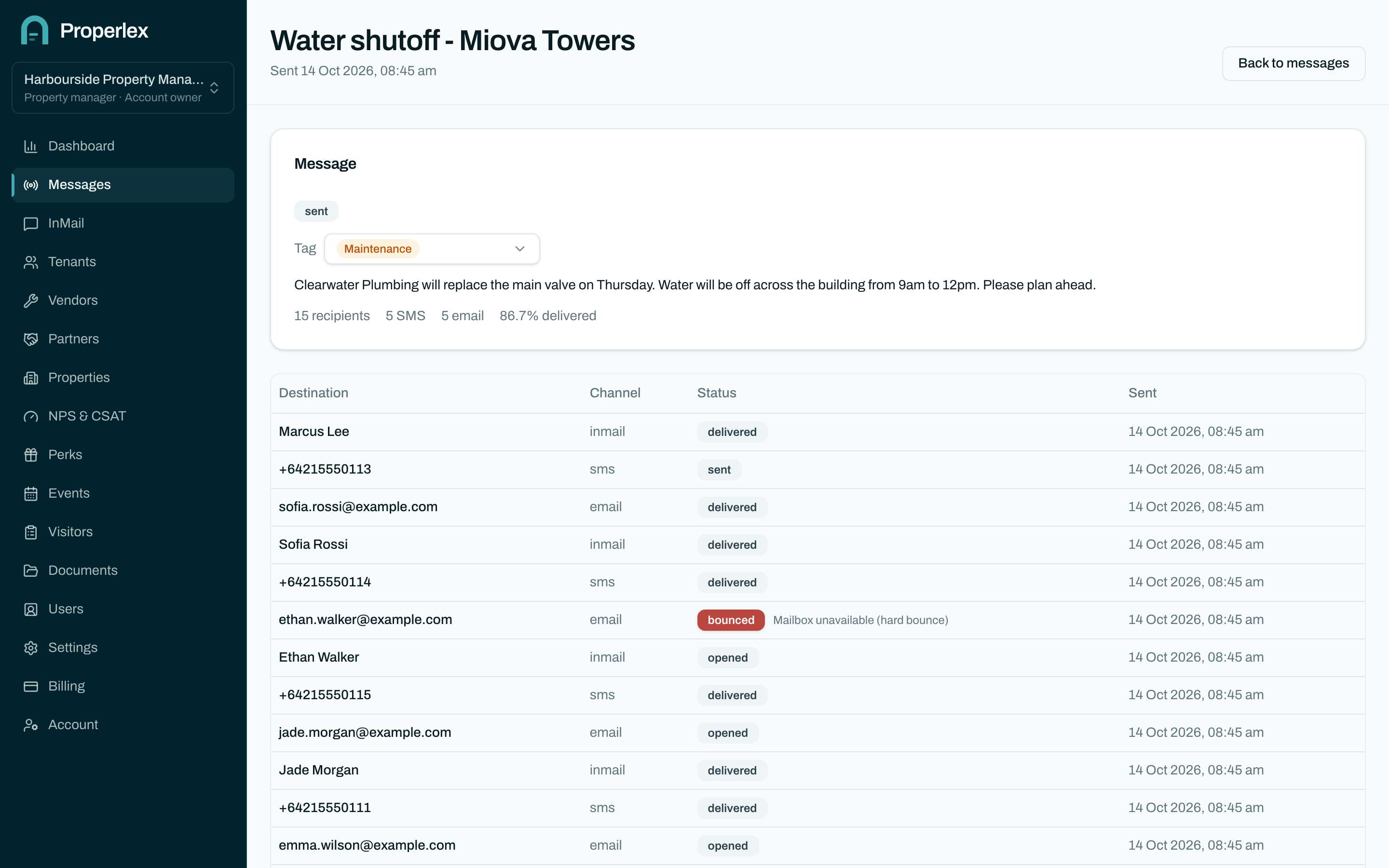 A sent broadcast in Properlex with sent, delivered, opened and bounced status for every recipient.