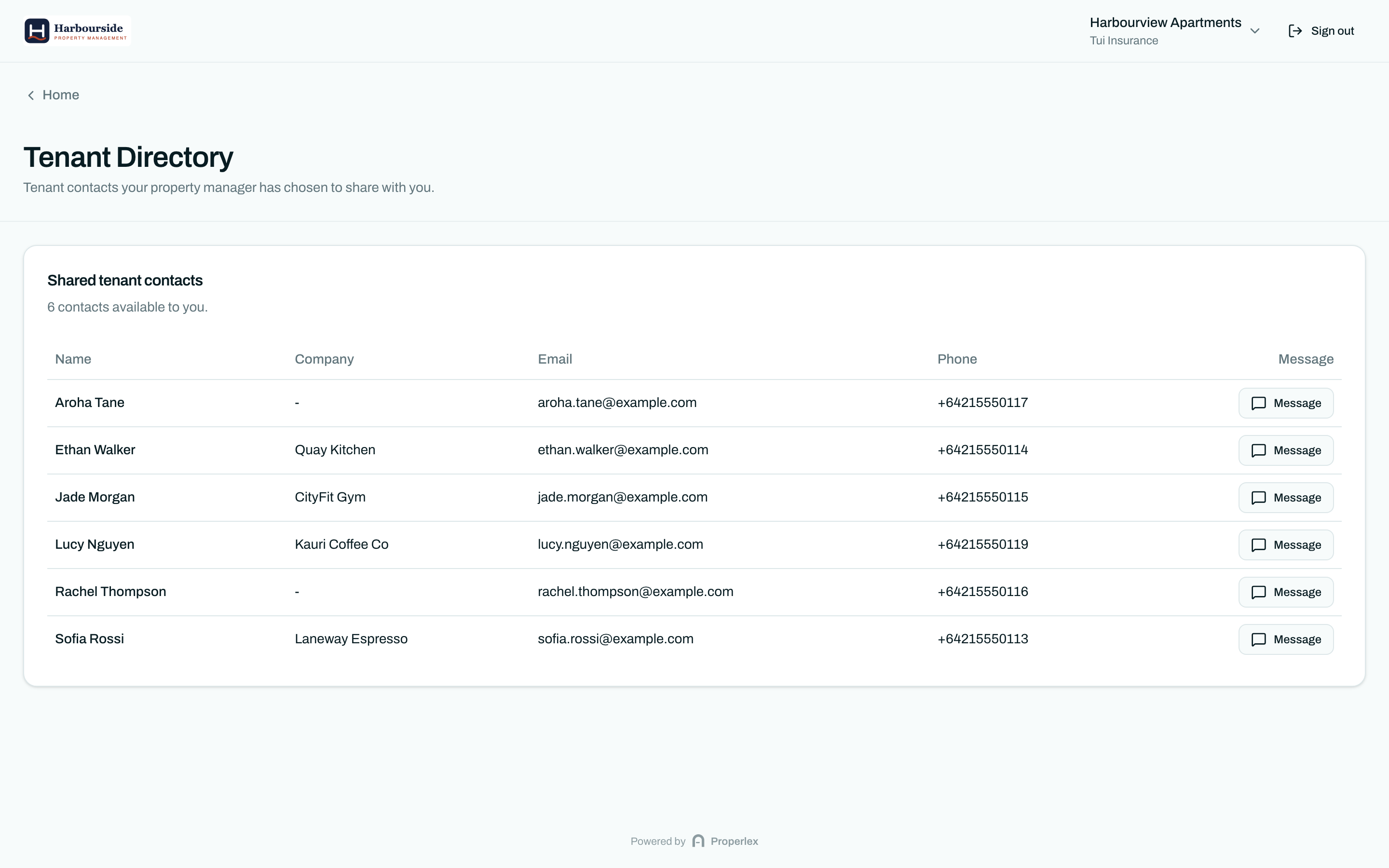 The tenant directory a partner sees in Properlex, limited to the contacts the property manager chose to share.