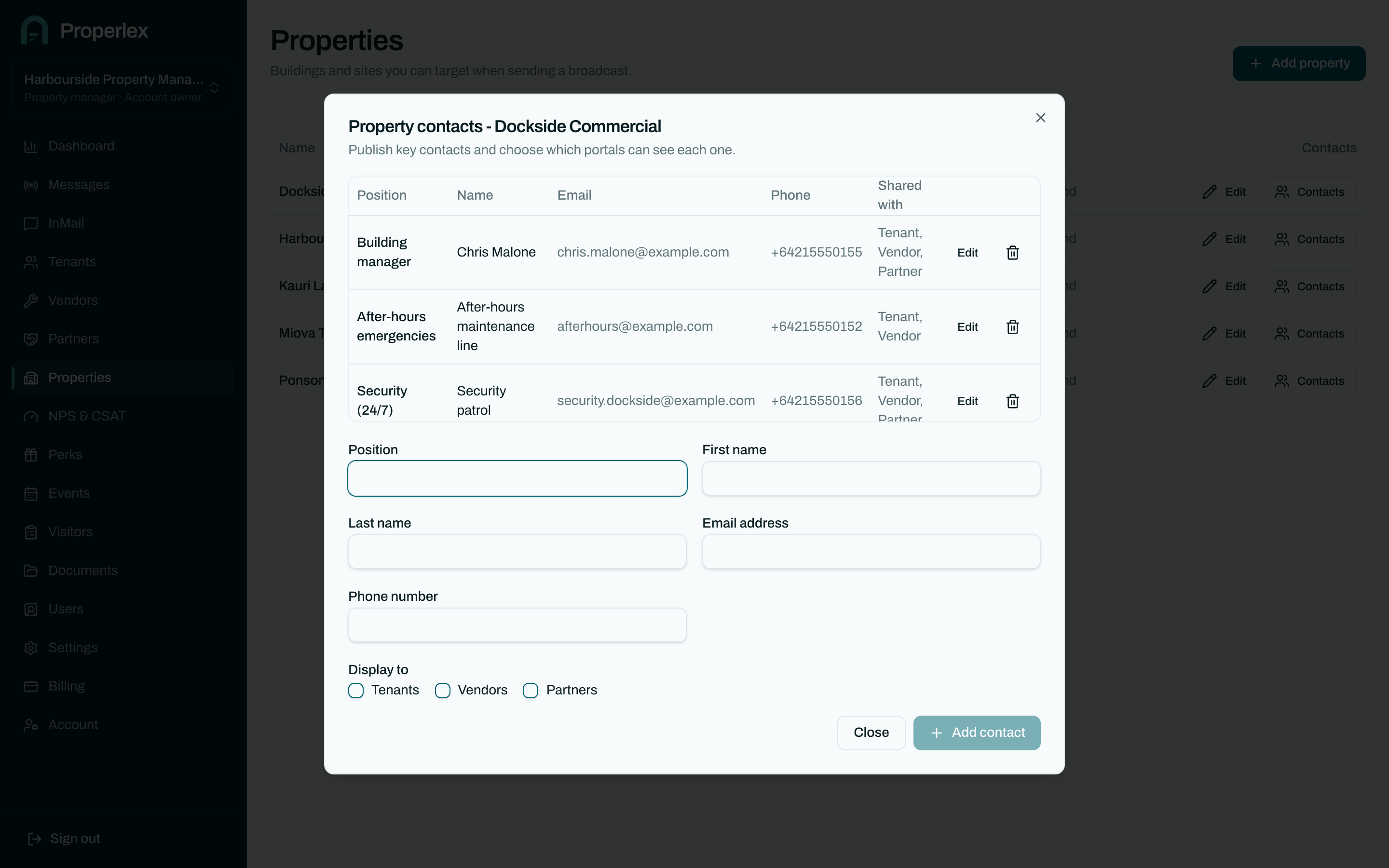 Published property contacts in Properlex: building manager, after-hours line and security, each shared with chosen parties.