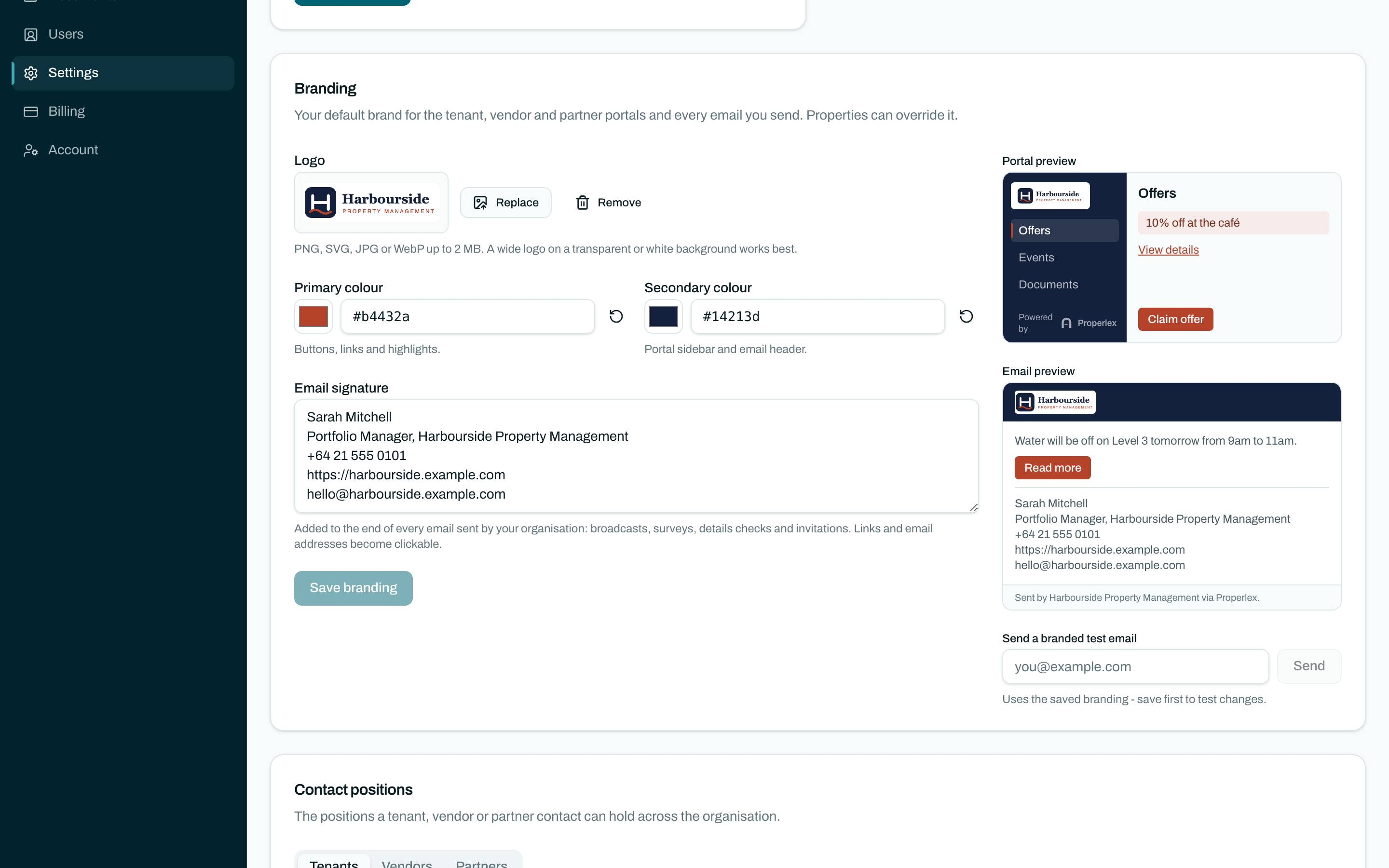 Branding settings in Properlex: a logo, primary and secondary colours and an email signature, with a live portal preview.