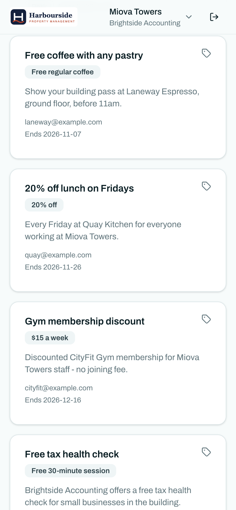 Staff offers in a tenant's Properlex portal on a phone.