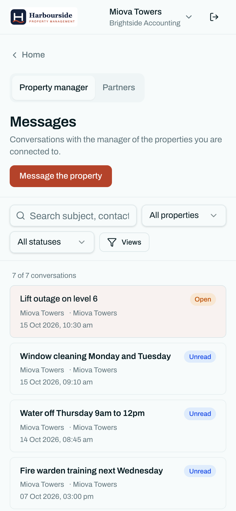 A tenant's Properlex portal on a phone, in the property manager's own brand, with messages from the property manager.