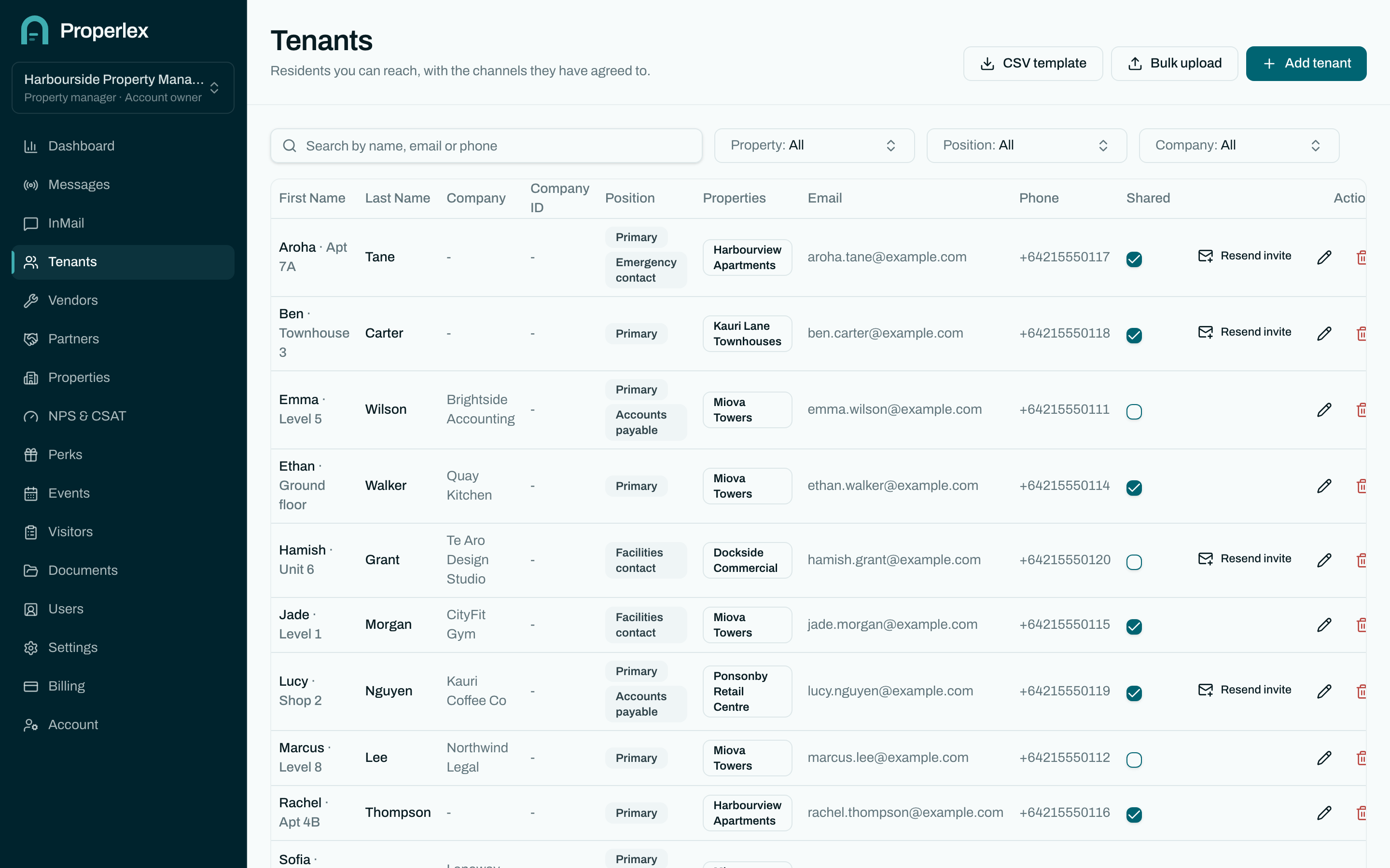 The Properlex tenant list, with each contact organised by property, position and company.
