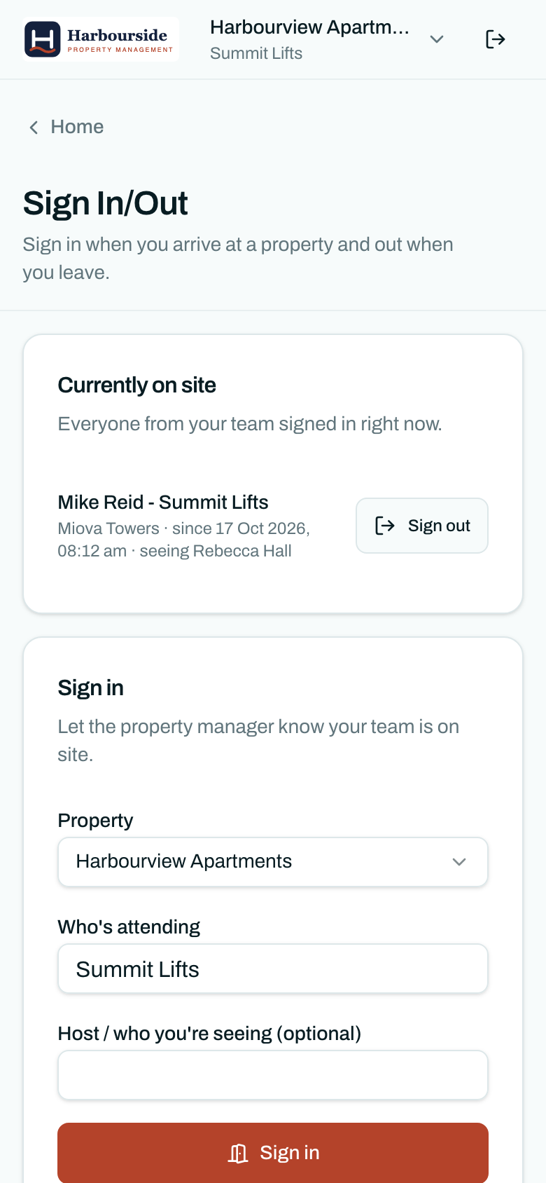 A vendor signing in on site from the Properlex portal on a phone.
