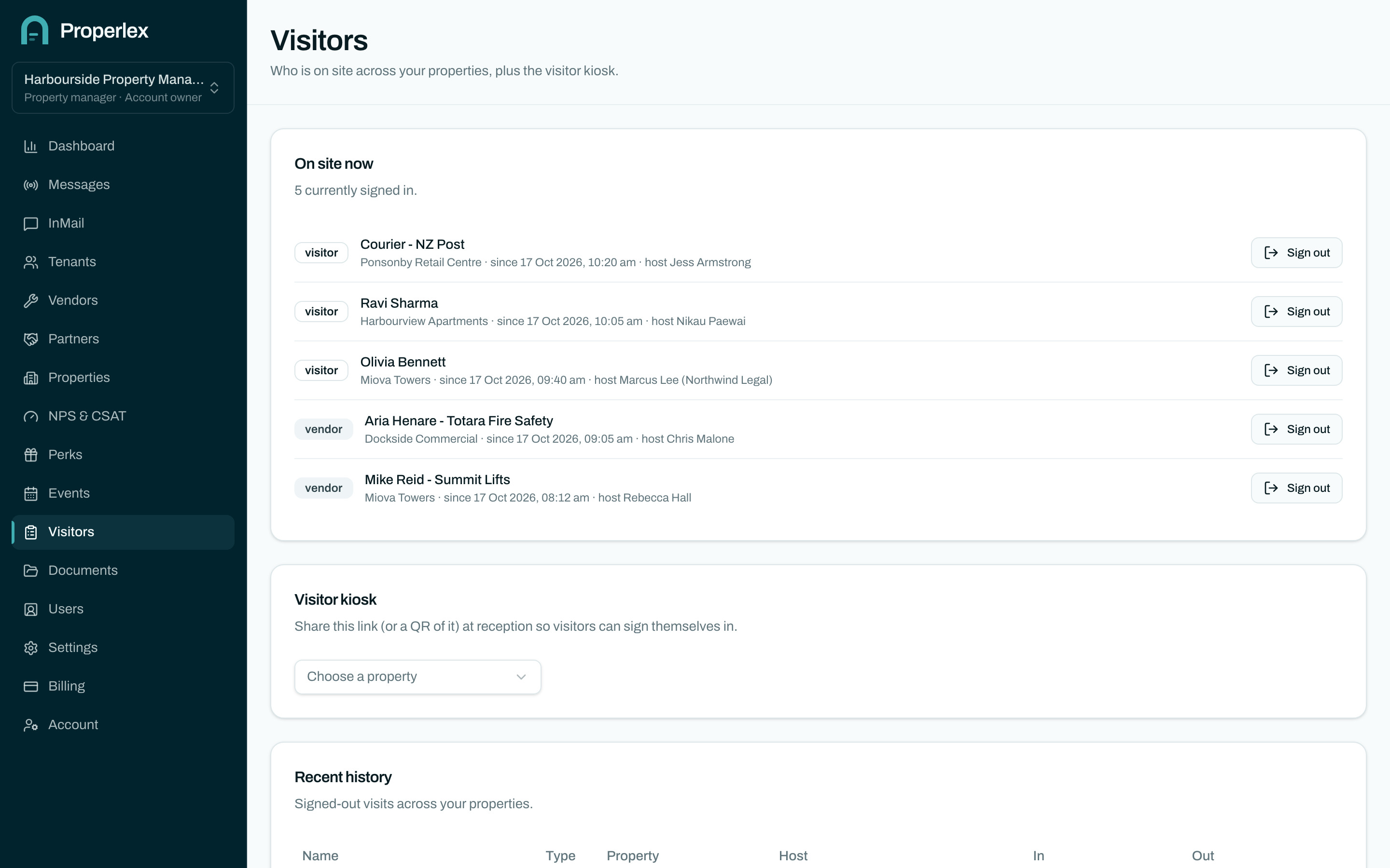 The Properlex visitor log showing which vendors and visitors are on site at each property right now.